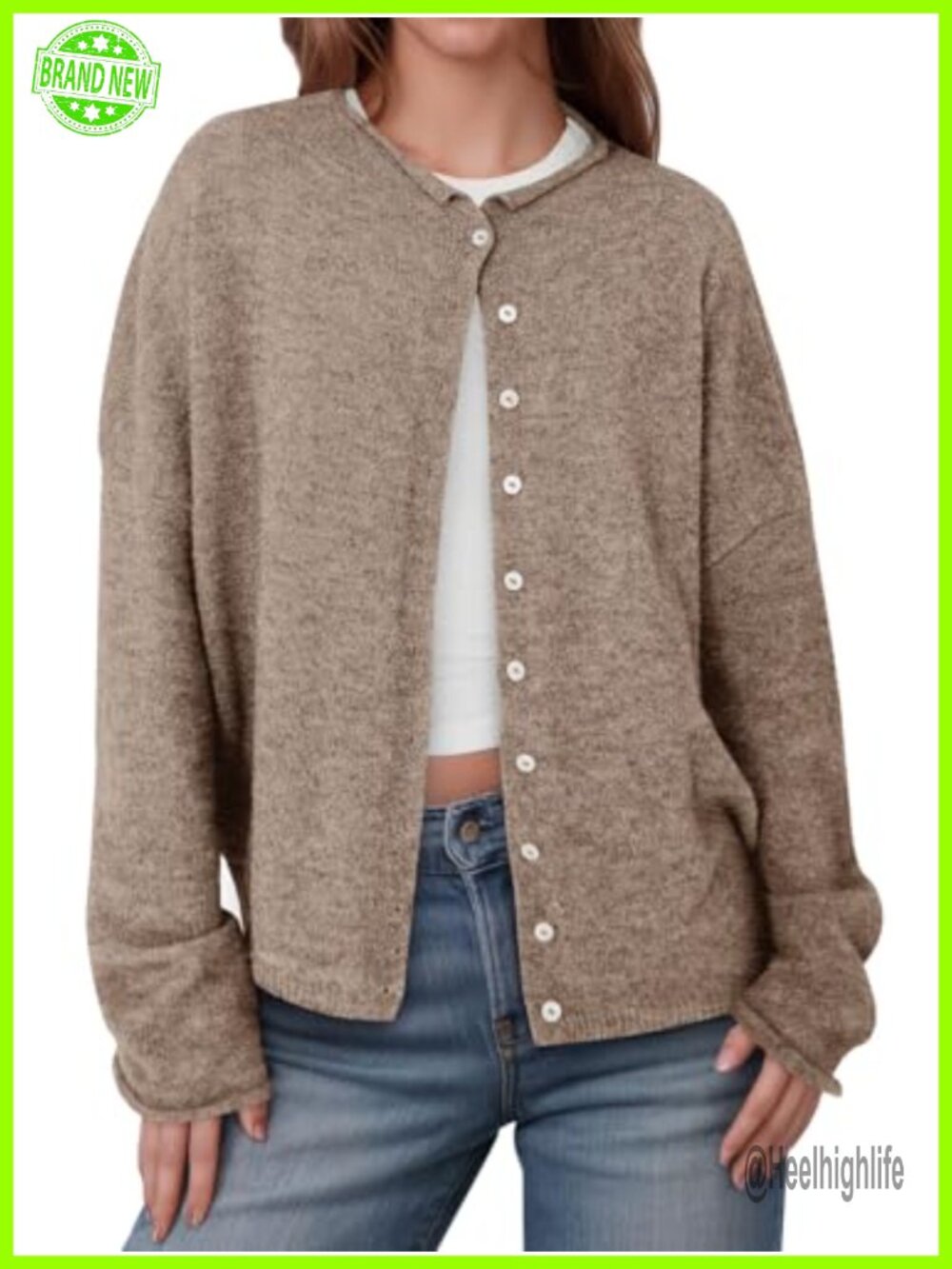 Women's Button Up Long Sleeve Lightweight Knit Cardigan Loose Fit Roll Collar